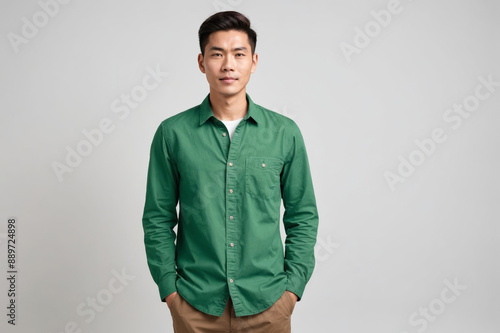 full length handsome asian man ,lifestyle in green casual outfit on isolated white background. photo