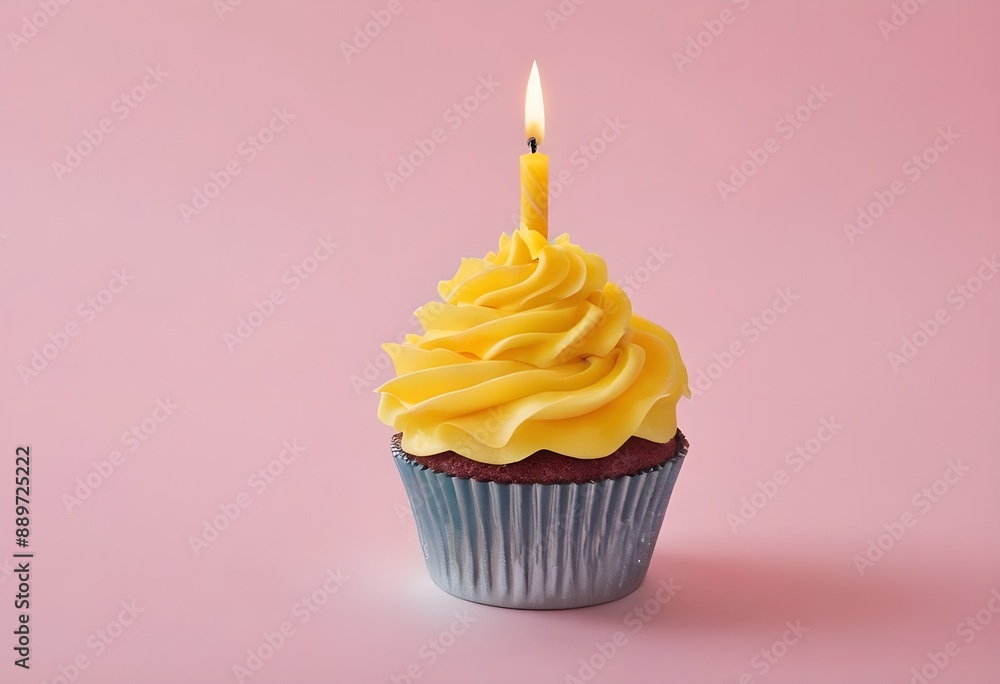 Single yellow Cupcake With a Burning Candle on blue Background Single yellow Cupcake With a Burning Candle on blue Background