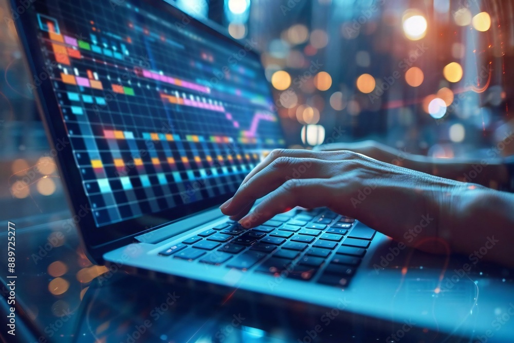 close-up shot of a project manager's hands typing on a laptop, with a Gantt chart scheduling interface and task progress updates displayed on the virtual screen. close-up shot of a project manager's hands typing on a laptop, with a Gantt chart scheduling interface and task progress updates displayed on the virtual screen.