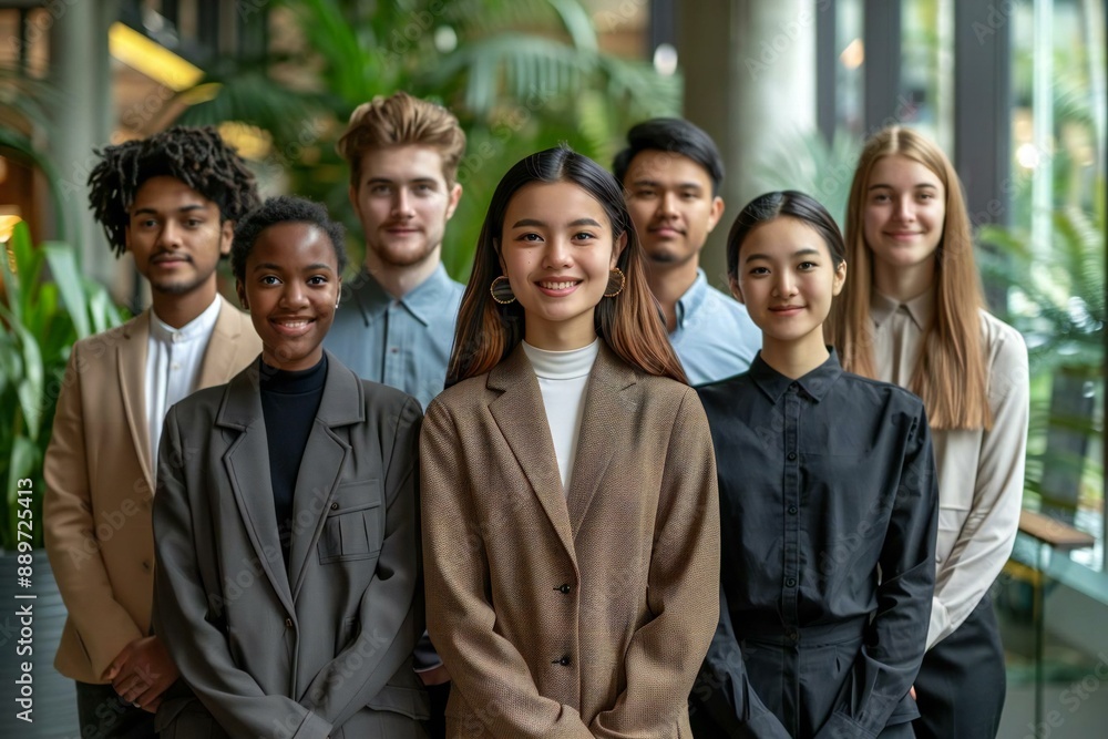 Group of diverse young professionals standing in unity, showcasing teamwork and cooperation in a corporate environment. Group of diverse young professionals standing in unity, showcasing teamwork and cooperation in a corporate environment.