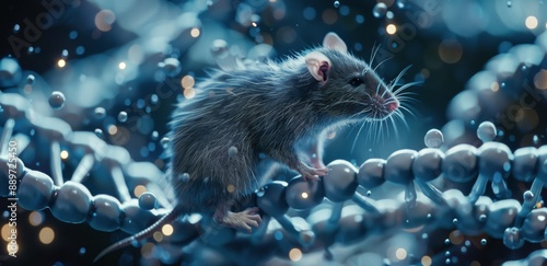 Grey Rat Standing on a Blue DNA Strand With a Blurred Background of Blue Lights