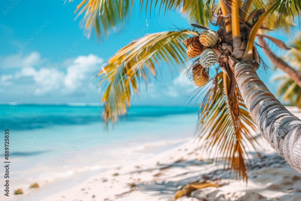 Fototapeta premium Close up of a palm tree on a sandy beach capturing the vibrant essence of a tropical paradise