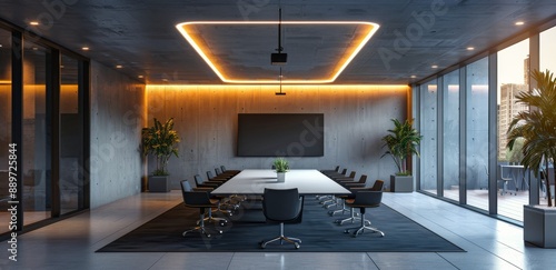 Empty Modern Conference Room With Large Screen Displaying Night Cityscape
