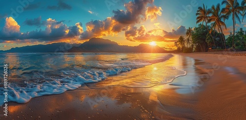 Tropical Beach Sunset With Palm Trees and Foamy Waves