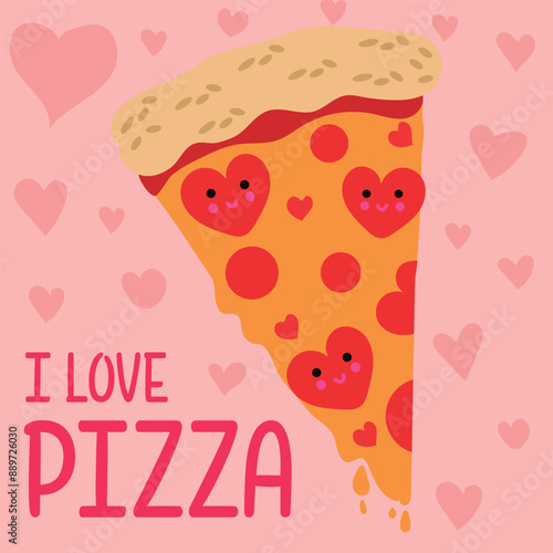 Cartoon cheese pepperoni pizza slice. Pizza with pepperoni in the shape of a heart and the phrase I love pizza