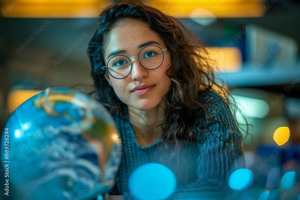 Naklejka premium photo of a student or physicist conducting experiments with a globe to study gravitational force and its effects on Earth.