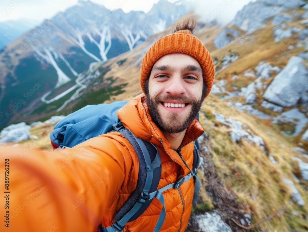 A person captures moment in mountain scenery, suitable for personal use or social media posts A person captures moment in mountain scenery, suitable for personal use or social media posts