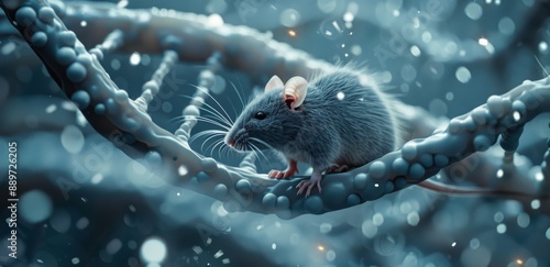 A Gray Mouse Walking Along a Blue, Glowing, DNA Structure