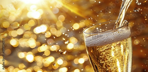 Sparkling Wine Pouring Into Glass With Bokeh Lights