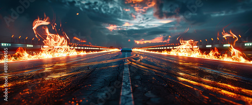 Illuminated dark road with burning car tires on a race track. Concept car racing photo