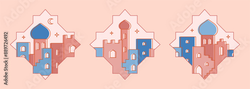 Arabic city landscape from arches, windows. Abstract muslim moroccan, saudi eastern old city, medina. Line vector mosque, buildings, houses silhouette