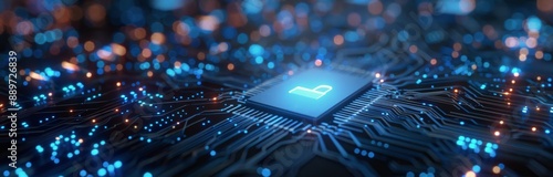 Digital Security Chip With Secure Lock Icon on Circuit Board