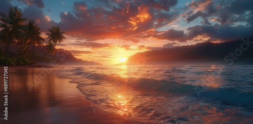 Tropical Beach Sunset With Palm Trees and Foamy Waves