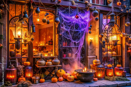 Spooky seasonal storefront showcases a witch's brew of candles, cobwebs, and cauldrons surrounded by orange and purple lights, setting a hauntingly festive atmosphere.