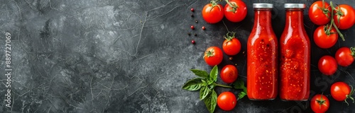 Homemade Tomato Sauce in Glass Bottles With Fresh Tomatoes and Basil