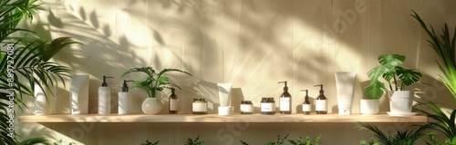 Tropical Inspired Beauty Products Displayed on Shelf in Sunlight