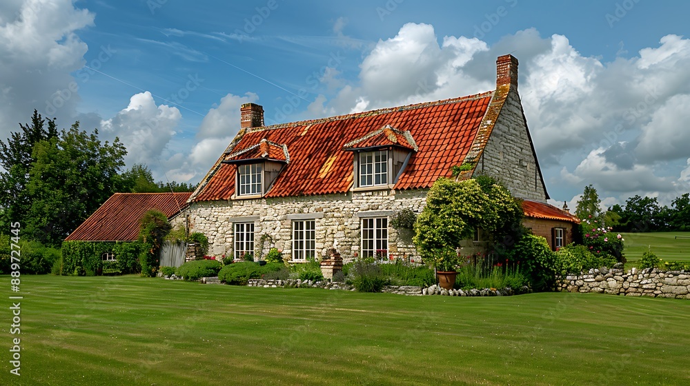 A stone country house with a red tile roof A stone country house with a red tile roof