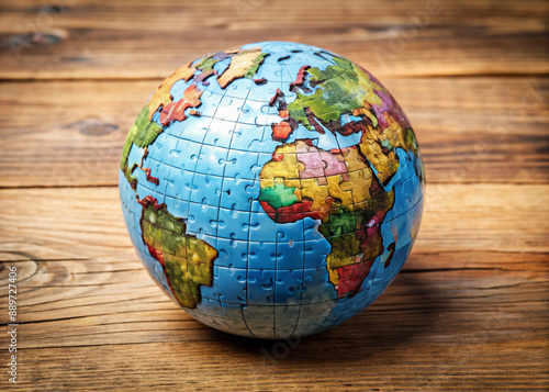 A jigsaw puzzle globe on a wooden surface, pieces fitted together, symbolizing a unified global strategy and international business planning concept.