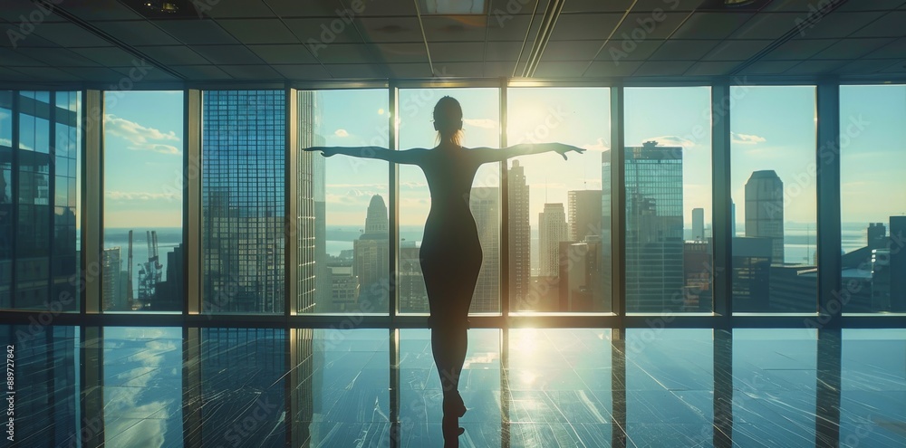 Woman Standing in Sunlit Office Building With Large Windows Woman Standing in Sunlit Office Building With Large Windows