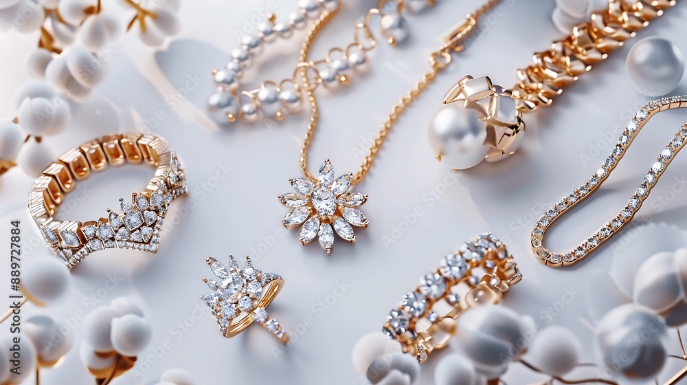 Elegant jewelry pieces like rings, necklaces, and earrings on a beautiful white background. 32k, full ultra HD, high resolution Elegant jewelry pieces like rings, necklaces, and earrings on a beautiful white background. 32k, full ultra HD, high resolution