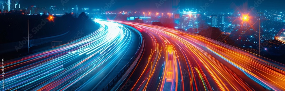 Nighttime Cityscape With Long Exposure of Traffic Lights on Highway Nighttime Cityscape With Long Exposure of Traffic Lights on Highway
