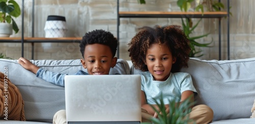 Two Children Watching Laptop on Couch in Living Room