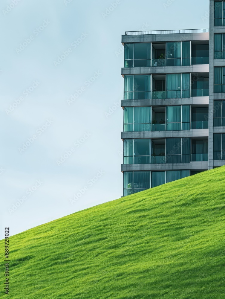 Lonely modern high-rise building on a green hill with panoramic windows. AI generative. Lonely modern high-rise building on a green hill with panoramic windows. AI generative.