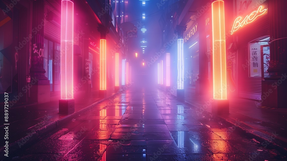 Naklejka premium Neon Lights Illuminate Wet City Alleyway at Night
