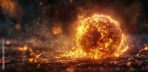 Flaming Sphere of Fire Rolling on Dark Surface
