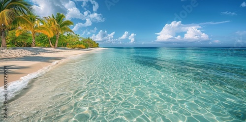 Tropical Beach Scene With Palm Trees and Clear Blue Water