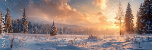 Snowy Forest Landscape at Sunrise With Golden Clouds and Snow-Covered Trees