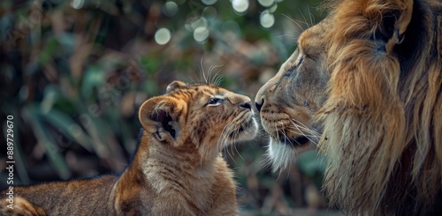 Closeup of a Lion Cub and Adult Lion Nuzzling in a Forest