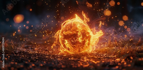 Flaming Sphere of Fire Rolling on Dark Surface