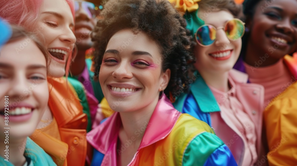 A group of people wearing colorful wigs and sunglasses, having fun together A group of people wearing colorful wigs and sunglasses, having fun together