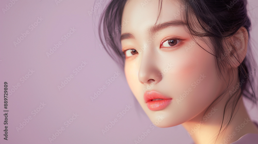 Close-Up Portrait of Young Asian Woman with Soft Pink Makeup, Gentle Expression, Clear Skin, and Elegant Hairstyle, Studio Shot with Pastel Background, Beauty Photography, Feminine Aesthetic, Skincare Close-Up Portrait of Young Asian Woman with Soft Pink Makeup, Gentle Expression, Clear Skin, and Elegant Hairstyle, Studio Shot with Pastel Background, Beauty Photography, Feminine Aesthetic, Skincare