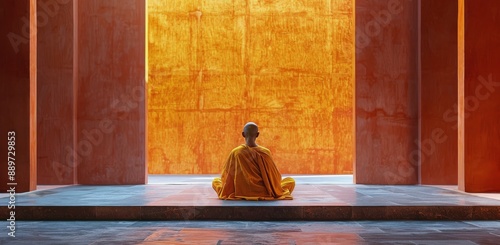 A Buddhist Monk Meditating in Front of an Orange Wall in a Temple