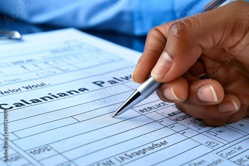 Wallpaper Mural close-up photo of a person's hand filling out a weekly cleaning plan form with a pen. Torontodigital.ca