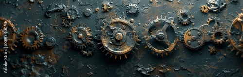 Closeup of Rusty Gears Interlocking on a Black Surface