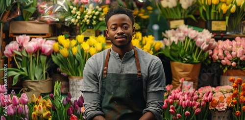 Smiling Florist Working Among Colorful Tulips at a Flower Market