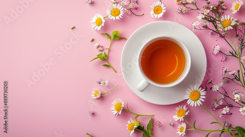 Cup of tea with fresh flowers on a pink background Top view with copy space