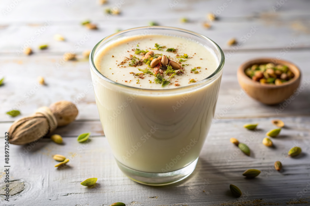 A refreshing glass of creamy lassi, garnished with a sprinkle of cardamom powder, sits solo on a pristine white background, tempting the senses. A refreshing glass of creamy lassi, garnished with a sprinkle of cardamom powder, sits solo on a pristine white background, tempting the senses.