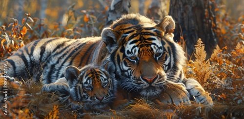 Adult Tiger and Cub Resting in Tall Grass During Autumn