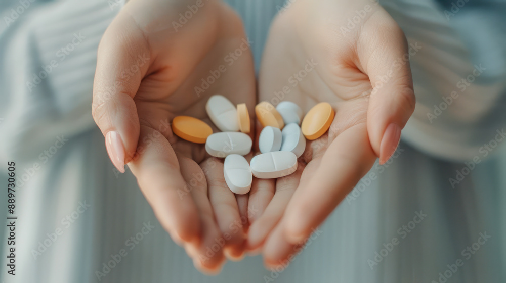 illustration of woman hands holding white and orange medicine pills illustration of woman hands holding white and orange medicine pills