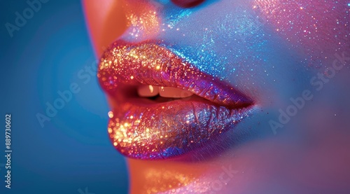 Close Up Of Glittery Lips In Neon Lighting