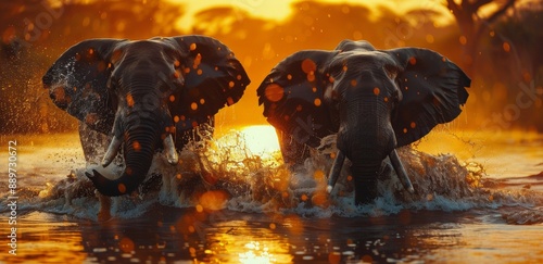 Two Elephants Crossing a River in the African Savanna at Sunset
