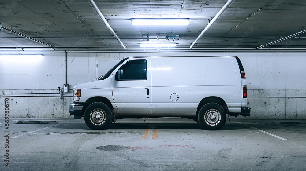 A white mini van, used for local deliveries and small business services, pulls into the building's garage to distribute and unload goods. A white mini van, used for local deliveries and small business services, pulls into the building's garage to distribute and unload goods.