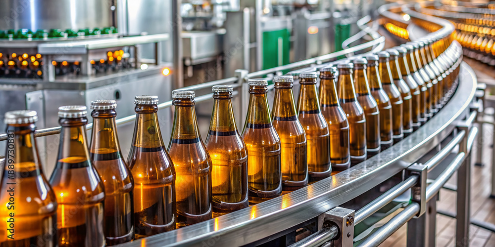 Sparkling glass beer bottles glide along a sleek conveyor belt surrounded by stainless steel machinery in a state-of-the-art brewery production facility. Sparkling glass beer bottles glide along a sleek conveyor belt surrounded by stainless steel machinery in a state-of-the-art brewery production facility.