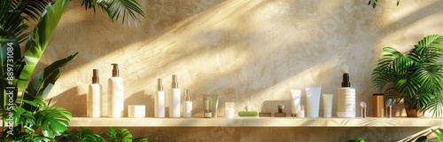 Tropical Inspired Beauty Products Displayed on Shelf in Sunlight