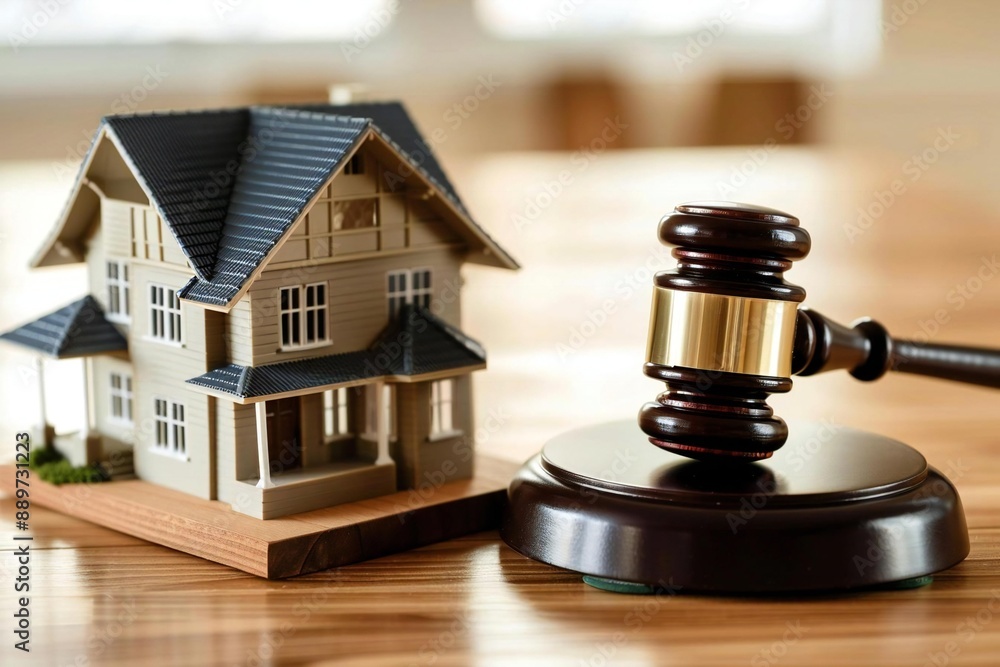 close-up shot of a house model next to a gavel on a wooden table in a courtroom, symbolizing legal proceedings related to real estate. close-up shot of a house model next to a gavel on a wooden table in a courtroom, symbolizing legal proceedings related to real estate.