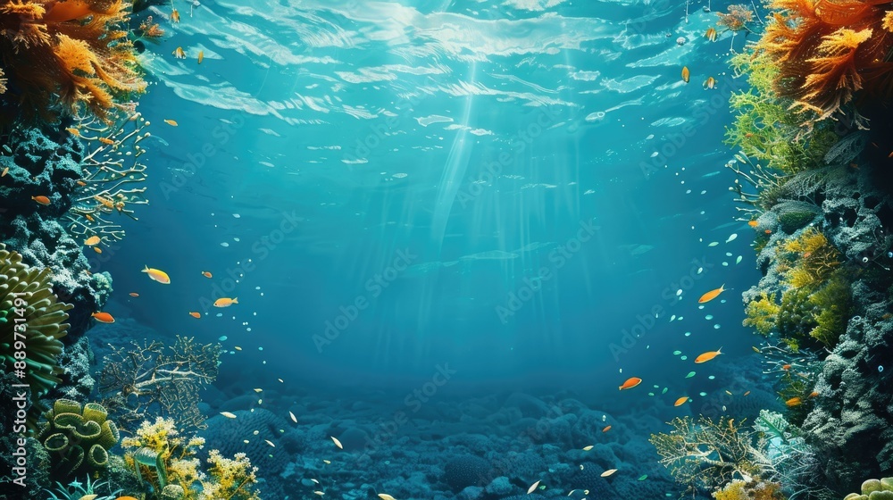 Fototapeta premium Sunlight filters through ocean water onto a vibrant coral reef. World Ocean Day.Ecological tourism.